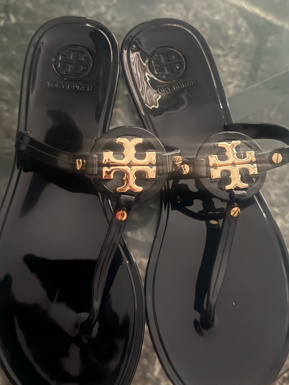 Tory Burch Glossy Black Jelly Sandals with Gold Logo